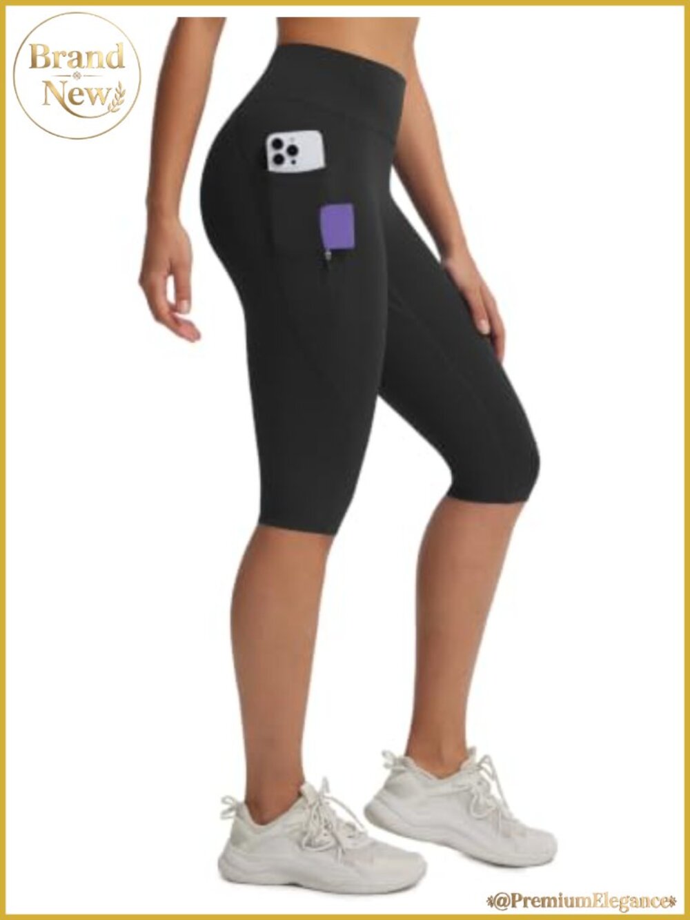 High Waisted Yoga Capri Leggings 14" Below Knee 3 Pockets Stretch Bermuda